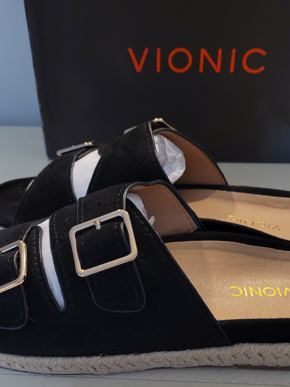 Vionic Black Suede Double Buckle Slide Sandals - Picture 6 of 13